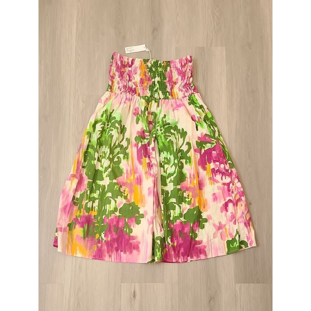 Love The Label NEW Floral Smocked Waist Midi Skirt Pink Rosie Green Print L Slit